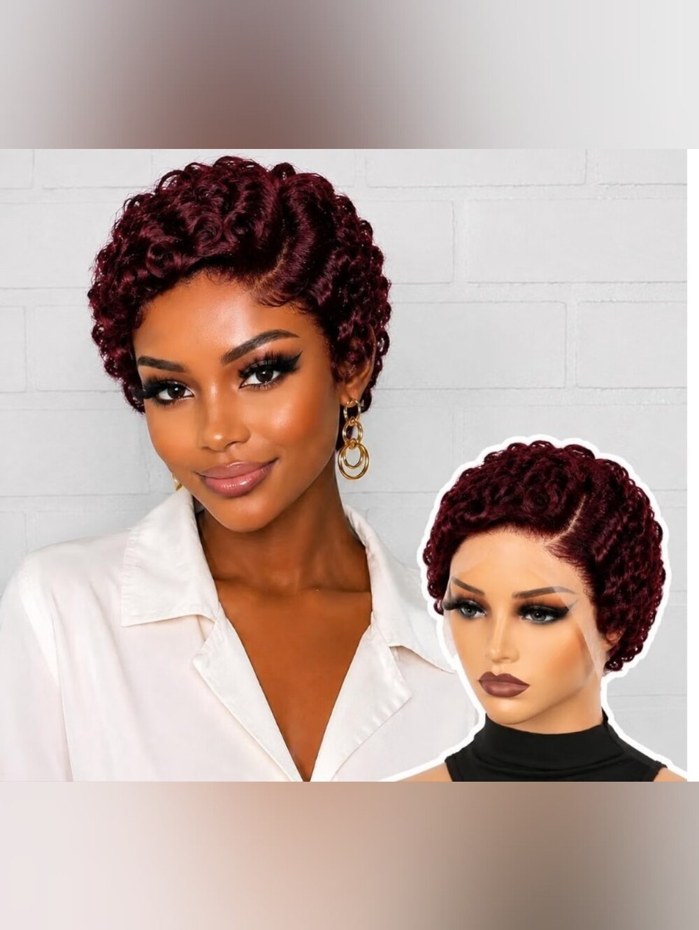 Short Curly Human Hair Pixie Cut Wig 13x4 Lace Glueless 99J Burgundy